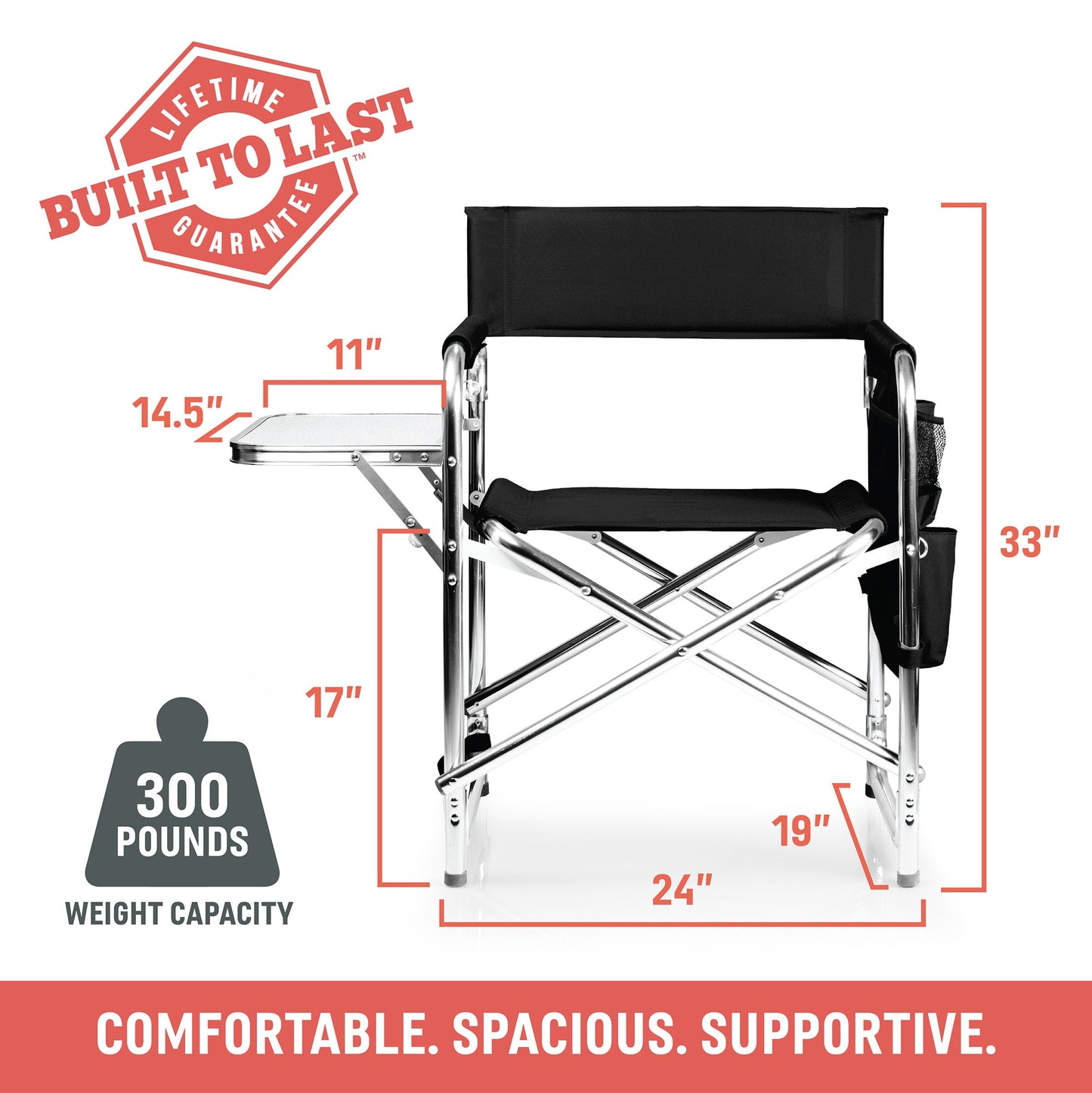 PICNIC TIME Sports Chair with Side Table, Outdoor Foldable Padded Adult Camping Chairs with Cup and Accessory Panel for Lawn, Beach, & Sports Use for Adults, up to 300-lbs Capacity, (Red)