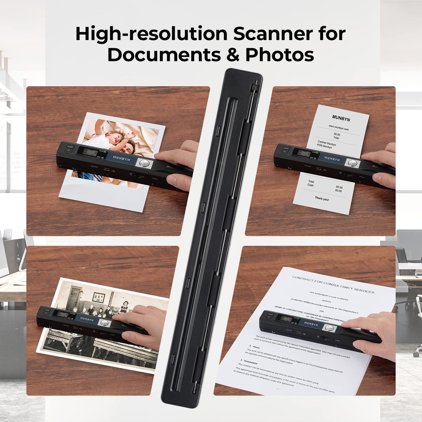 MUNBYN Portable Scanner, Photo Scanner for A4 Documents Pictures Pages Texts in 900 Dpi, Flat Scanning, Include 16G SD Card, Wand Document Reader Uploads Images to Computer Via USB Cable, No Driver