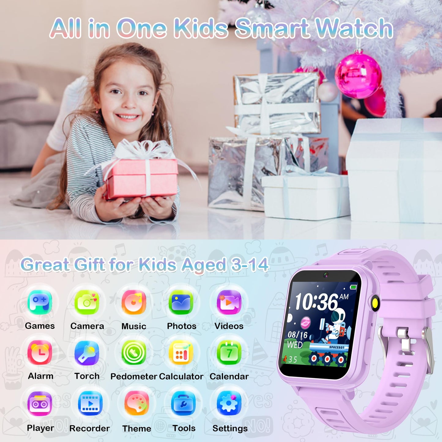 Kids Smart Watch Gift for Girls Age 3-12, 24 Games HD Touch Screen Girls Watch with Camera Video Music Player Pedometer Flashlight 12/24 hr Toys Gifts for 6 7 8 9 10 Year Old Girl Birthday Gift