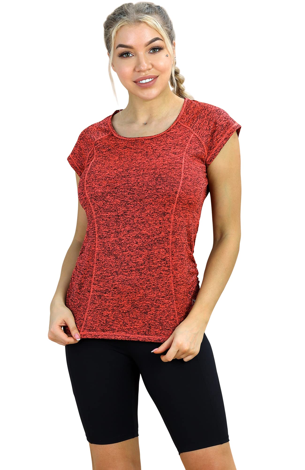 icyzone Workout Running Shirts for Women - Fitness Gym Yoga Exercise Short Sleeve T Shirts Open Back Tops (XL, Burnt Ochre)