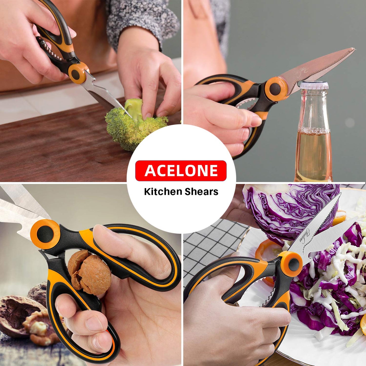 Acelone Kitchen Shears,Premium Heavy Duty Shears Ultra Sharp Stainless Steel Multi-function Kitchen Scissors for Chicken/Poultry/Fish/Meat/Vegetables/Herbs/BBQ… (Orange black)