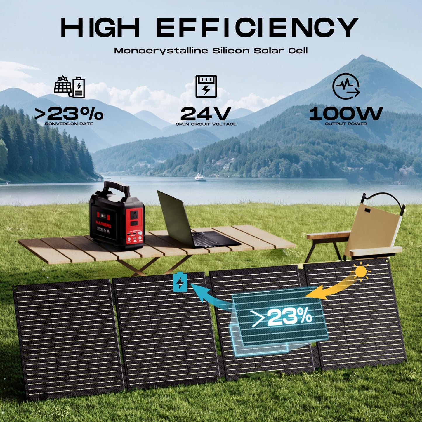 MARBERO 100W Portable Solar Panel 100 Watt 20V Foldable Solar Panel Charger for Power Station QC3.0 USB & DC Output >23% High Efficiency IP68 Waterproof for Camping Outdoor Home RV Blackout Cloudy