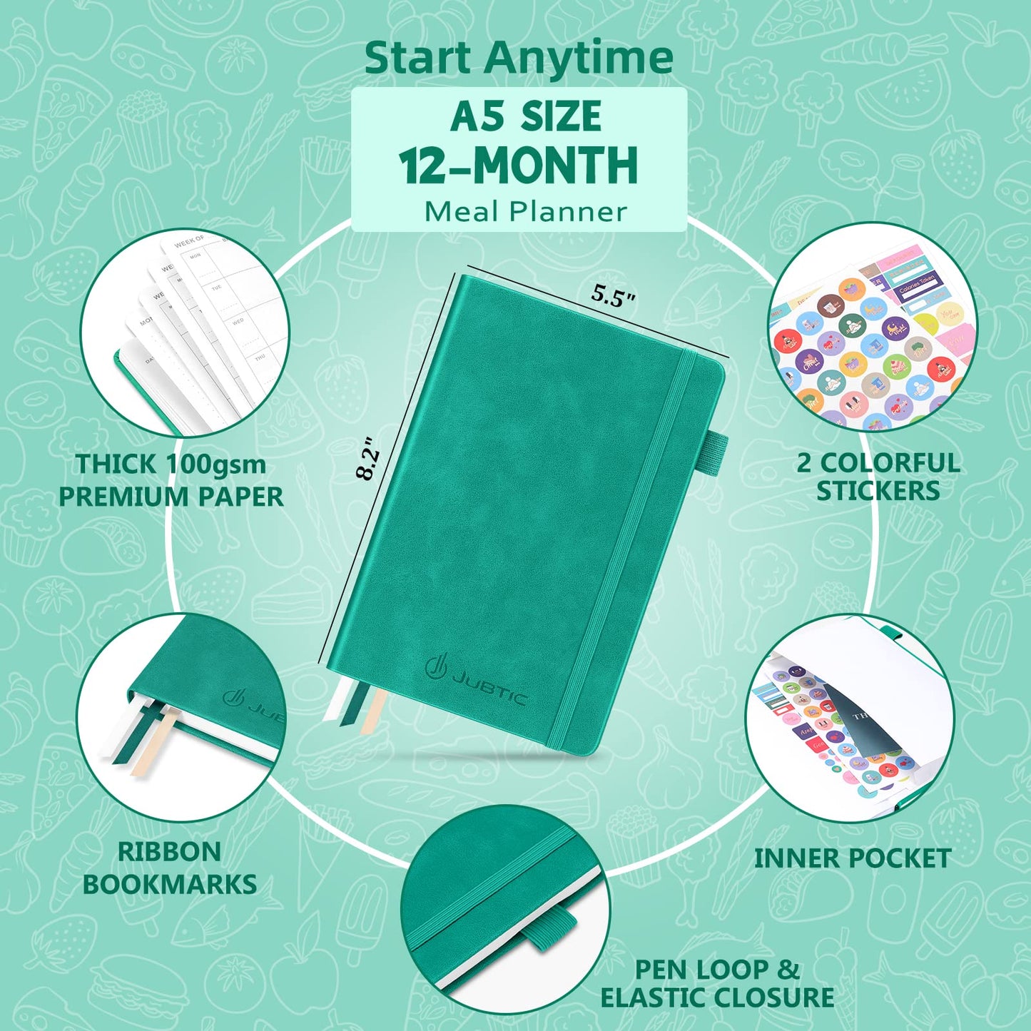 JUBTIC Meal Planner Notebook, Weekly & Daily Meal Prep Journal with Shopping and Grocery Lists for Food Planning Menu Planning Healthy Diet and Habits Tracker, Last 1 Year,Undated, A5, Green