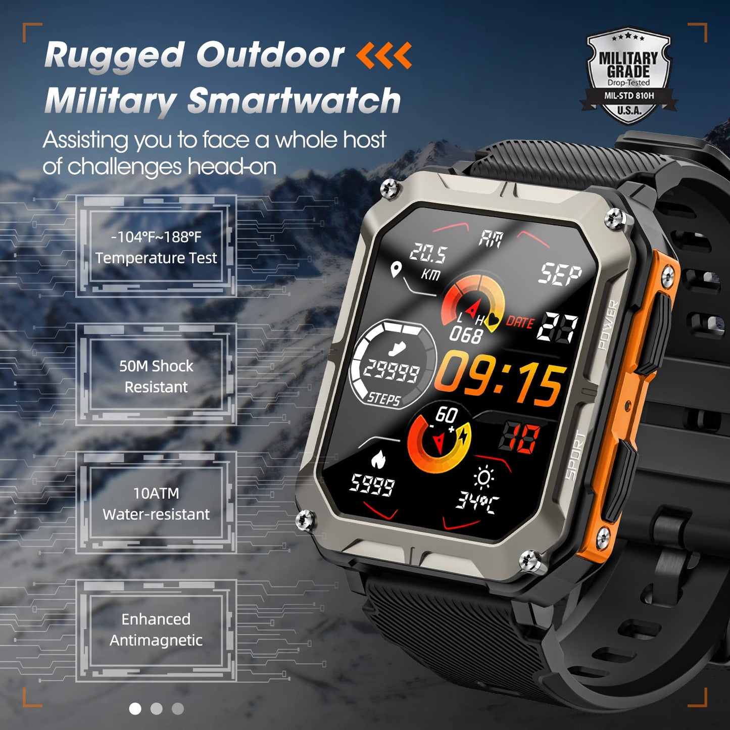 Military Smart Watch for Men with Blood Pressure (Answer/Make Call), Rugged Tactical Smartwatch for Android and iPhone, 10 ATM Waterproof Outdoor Sports Fitness Tracker with Heart Rate, Sleep Monitor