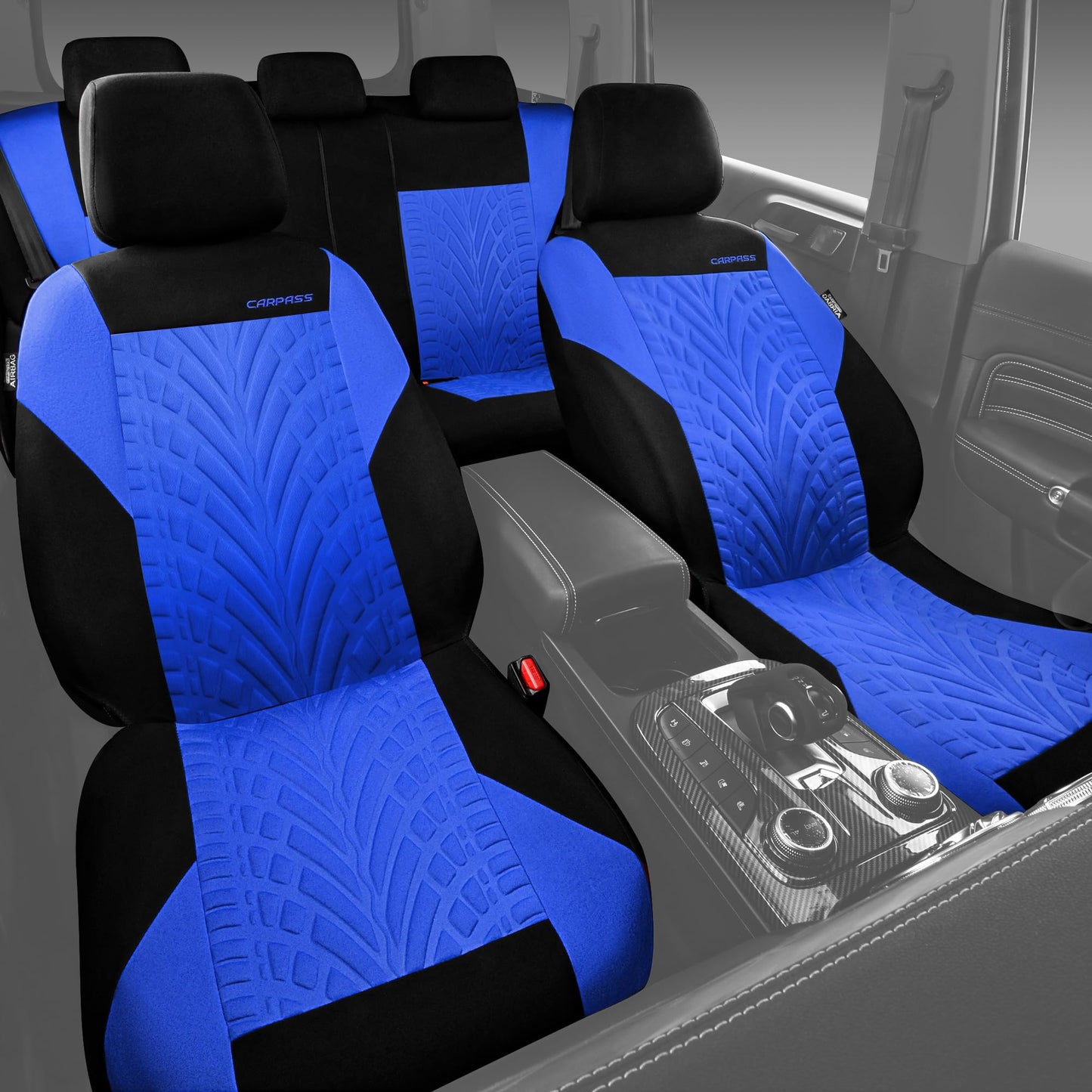 CAR PASS Car Seat Covers Full Sets, Front & Split Rear Bench for Car, 3D Tyre Embossed Automotive Interior Covers, Airbag Compatible, Quick Setup Universal Fit Seat Covers for Car, SUV(Black Blue)