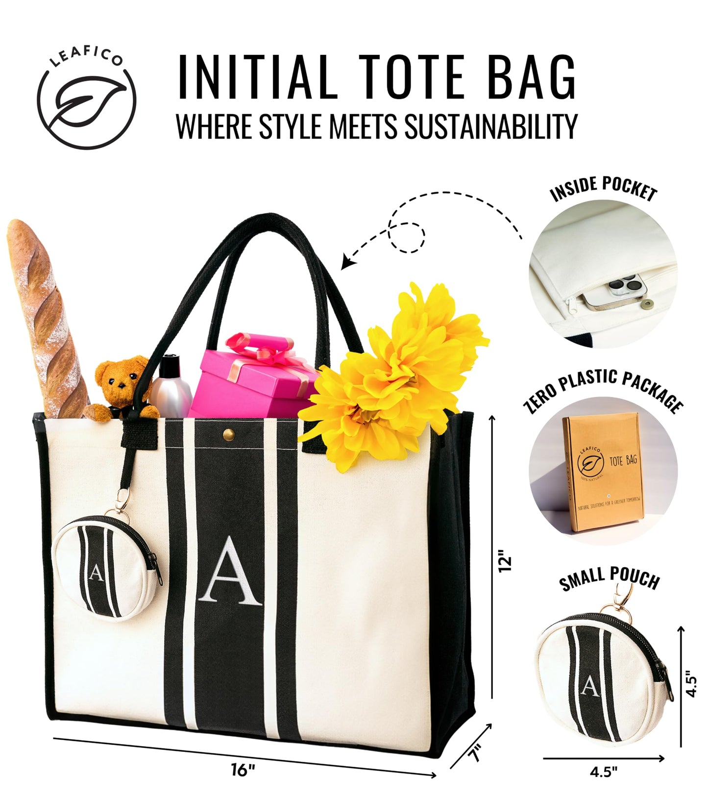 Initial Canvas Tote Bag - Embroidered Letter Beach Bag, Monogrammed Personalized Gift Bag For Women, Make Up Purse