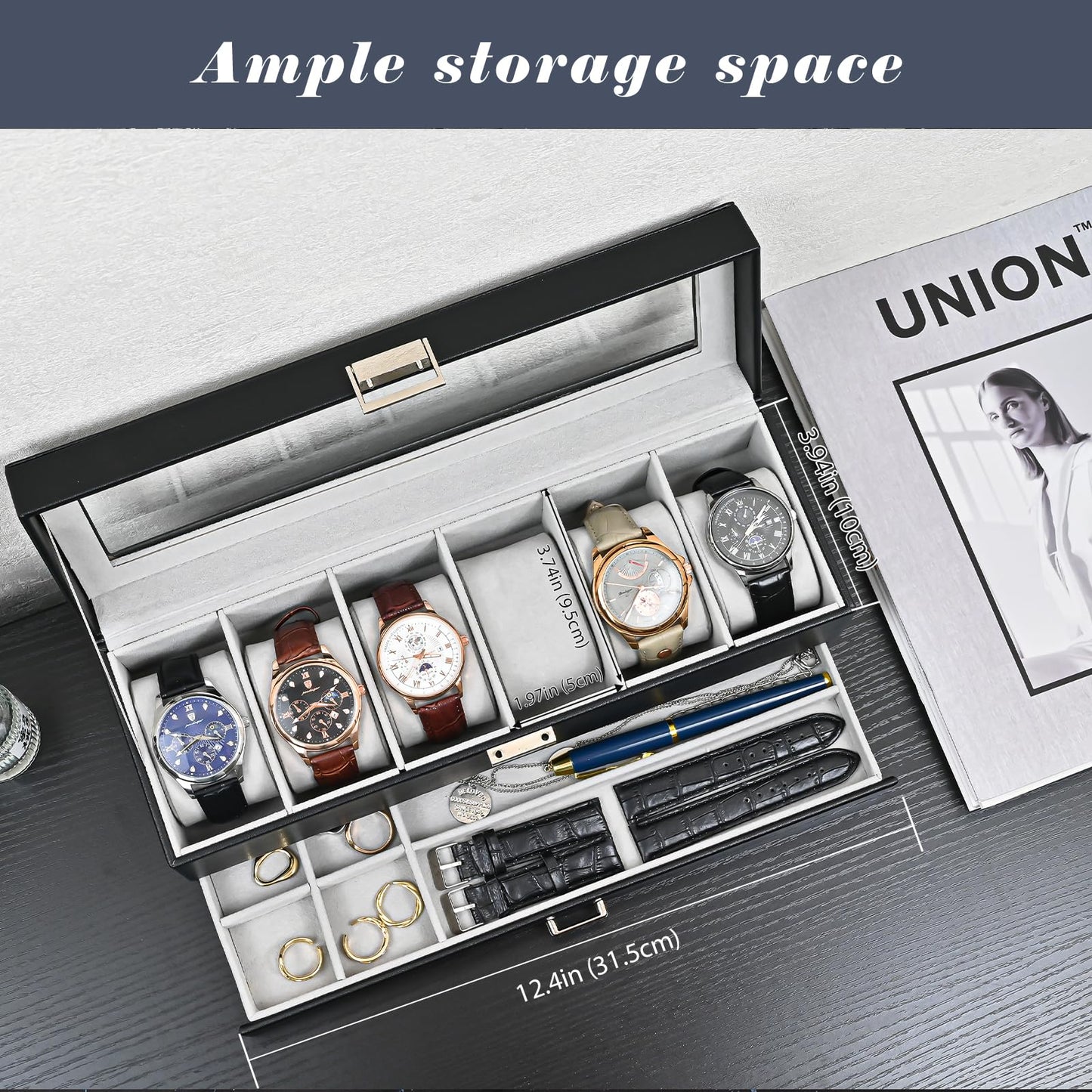 ProCase Watch Box for Men, 6 Slot Watch Display Case with Drawer, Mens Watch Case With Glass Lid, 2-Layer Jewelry and Watch Storage Watch Holder Organizer for Men Women -6 Slot, Black