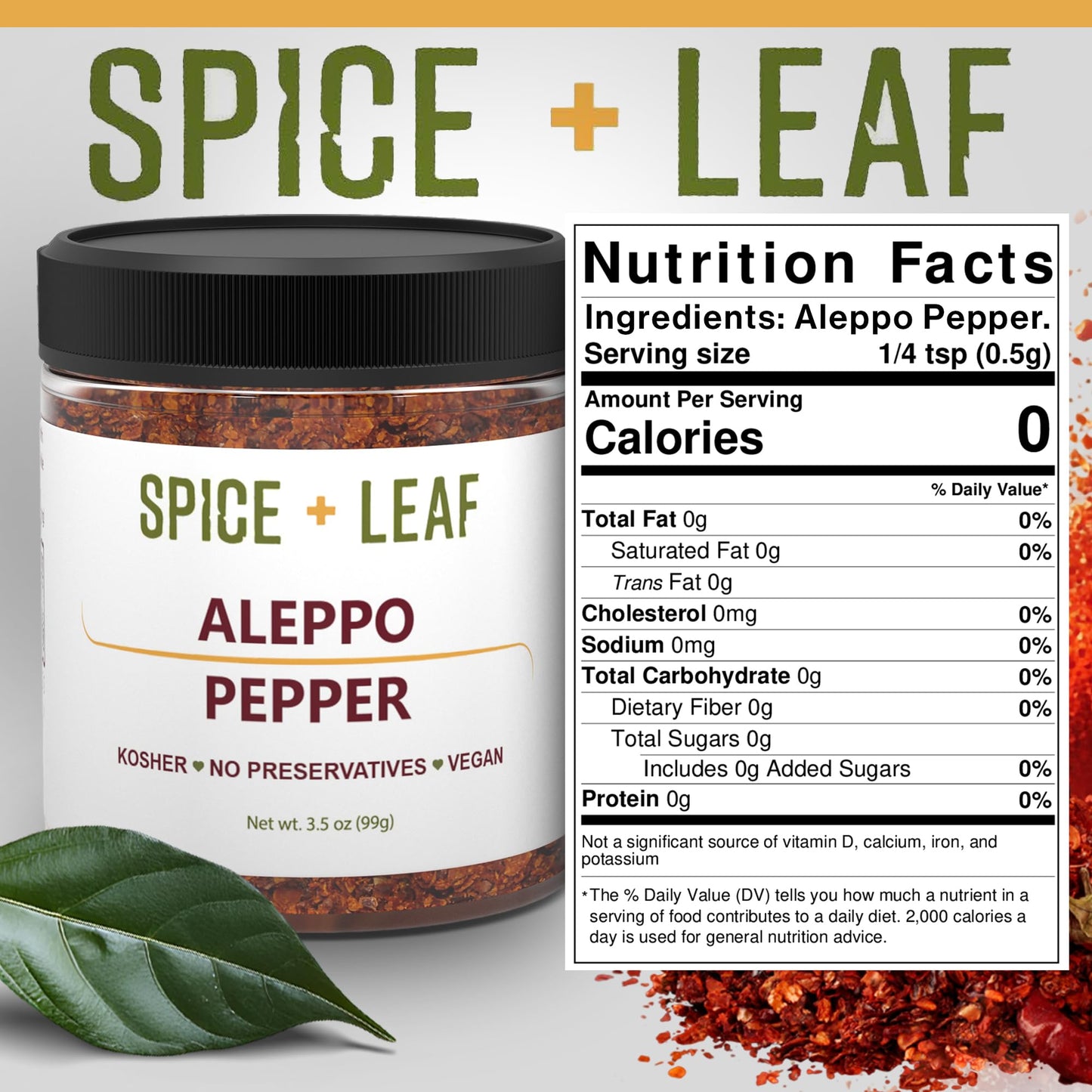 Premium Aleppo Pepper by SPICE + LEAF - Vegan Kosher Preservative Free Red Middle Eastern Mild Pepper Flakes, 3.5 oz