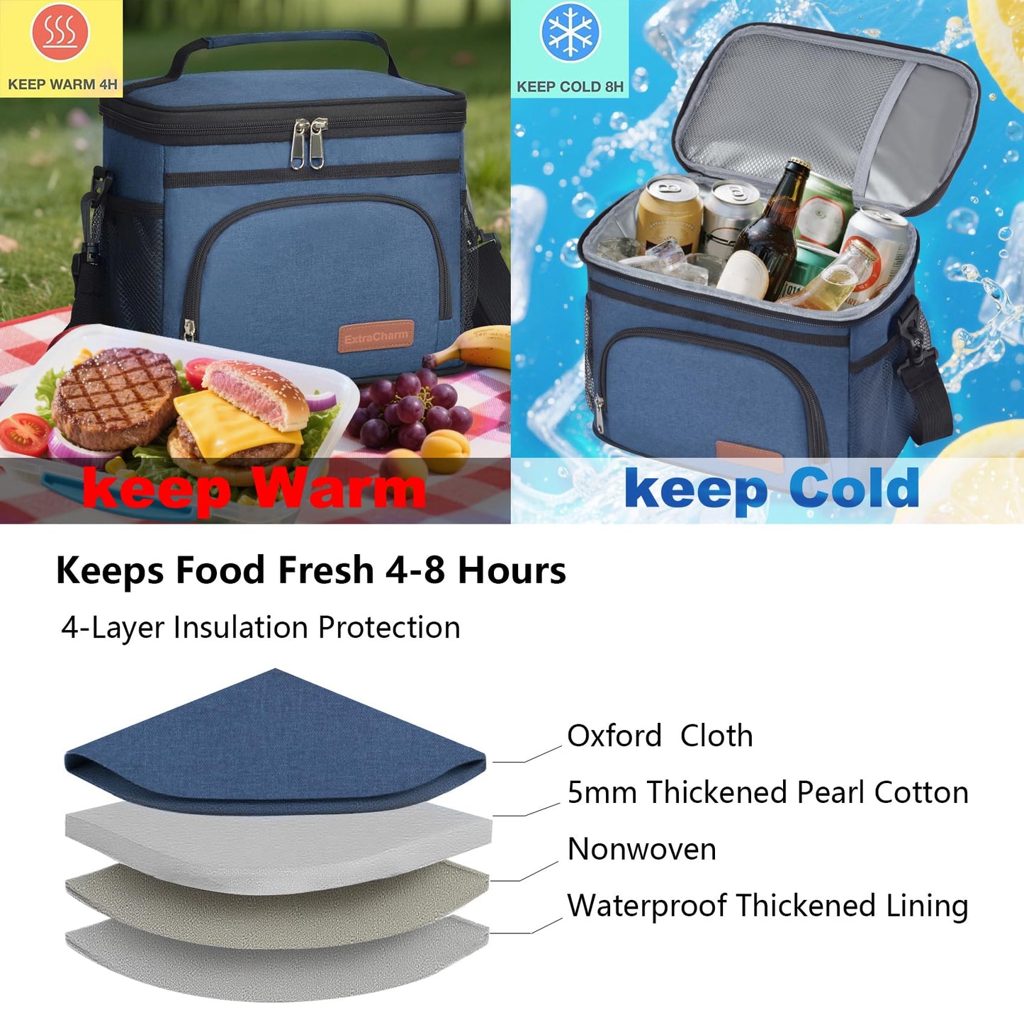 ExtraCharm Insulated Lunch Bag for Women/Men - Reusable Lunch Box for Office Picnic Hiking Beach - Leakproof Cooler Tote Bag Organizer with Adjustable Shoulder Strap for Adults - Blue