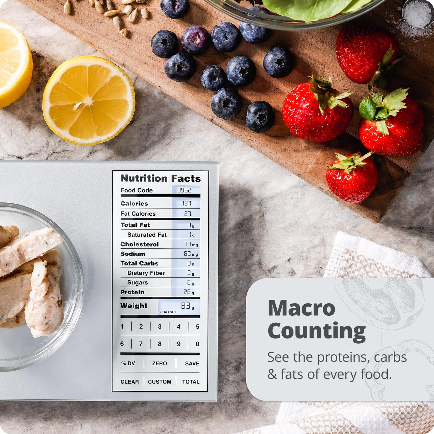 Greater Goods Nutrition Scale (Non‑Connected) – Food Grade Glass, 2,000 Food Codes Preloaded, Compact (9.33"x6.02"x0.91") for Portion Control & Meal Prep