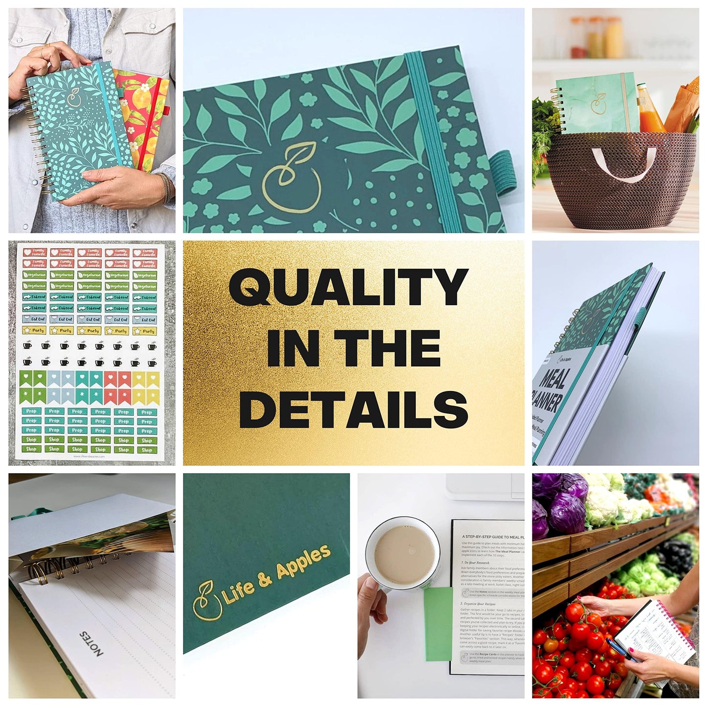 Life & Apples Meal Planner with Grocery List – Undated Weekly Menu & Meal Prep Notebook for Women & Men, Healthy Eating & Weight Loss Planner, 52-Week Spiral Bound Journal, Forest