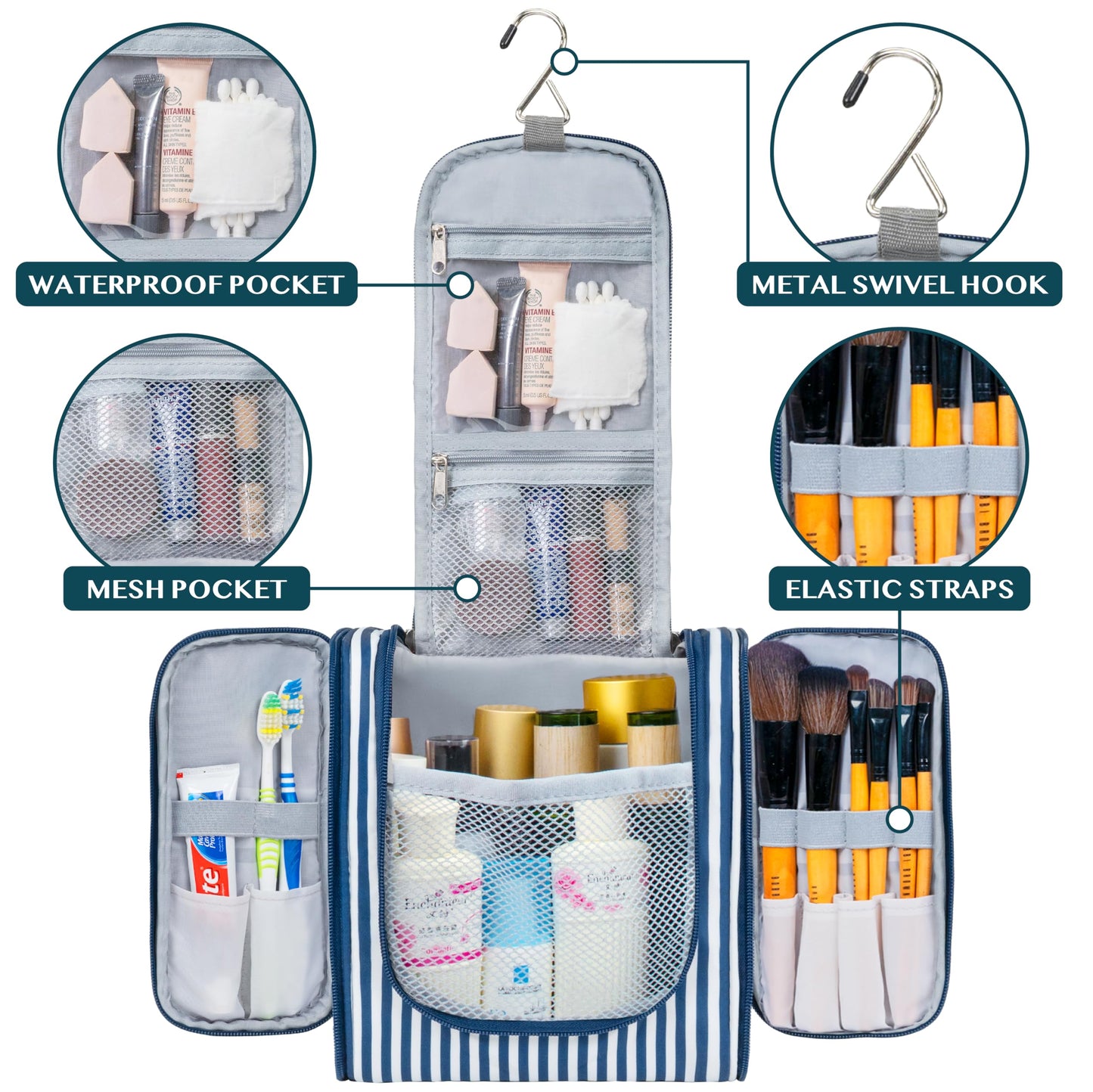 PAVILIA Toiletry Bag Travel Bag for Women Men, Hanging Cosmetic Organizer, Water Resistant Makeup Bag for Accessories Toiletries, Large Travel Essentials Kit (Stripe Navy)
