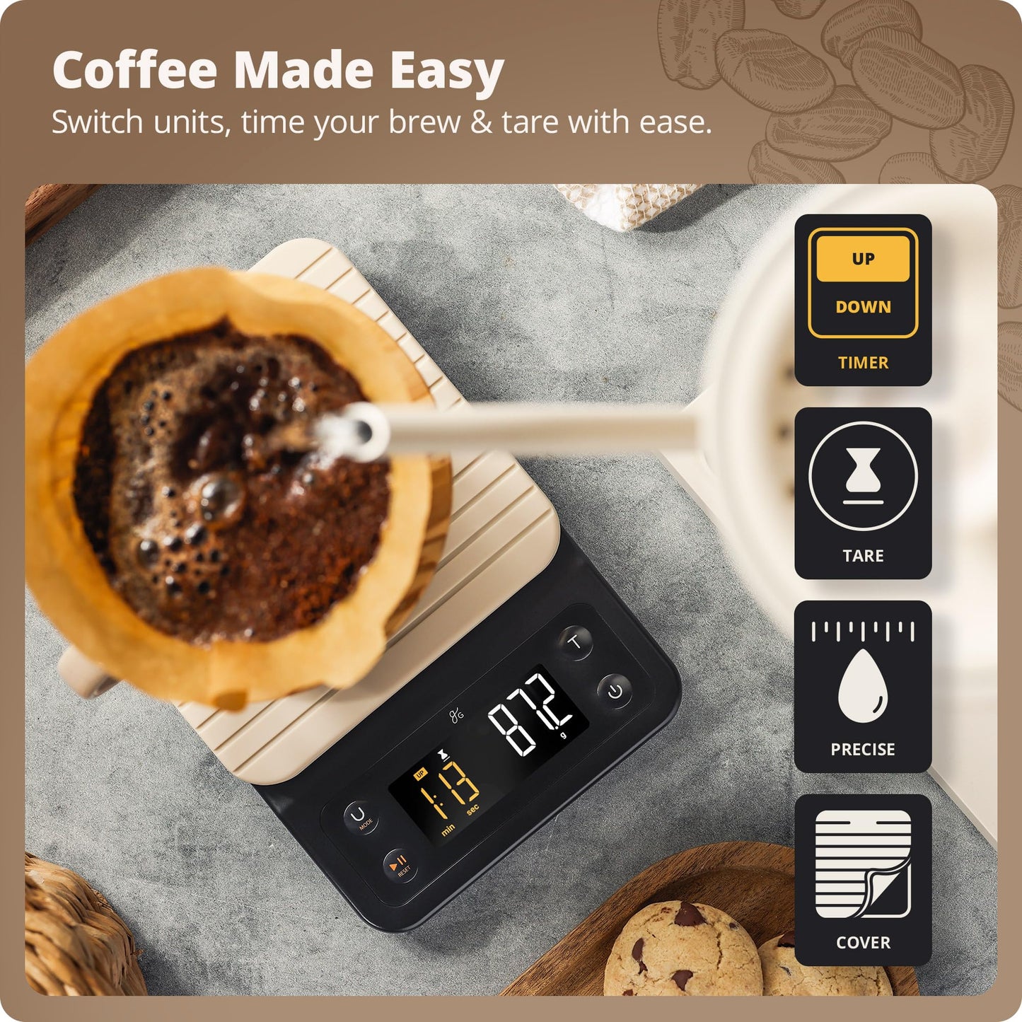 Greater Goods 0.1g Precision Coffee Scale with Timer โ 3kg Digital Scale for Pour-Over, Espresso, French Press, Kitchen Use (Birch)