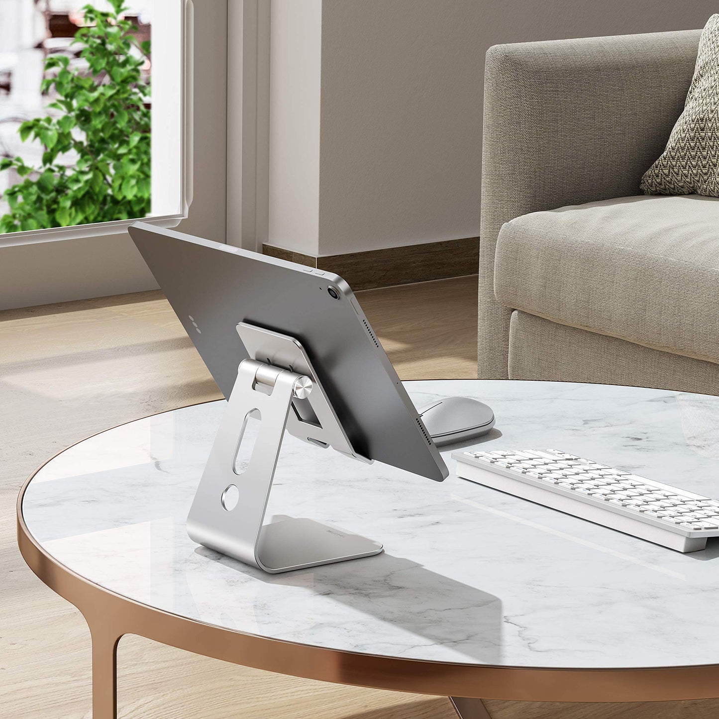 OMOTON Adjustable Tablet Stand for Desk, Upgraded Longer Arms for Greater Stability, T2 Tablet Holder with Hollow Design for Bigger Sized Phones and Tablets Such as iPad Pro/Air/Mini, Silver