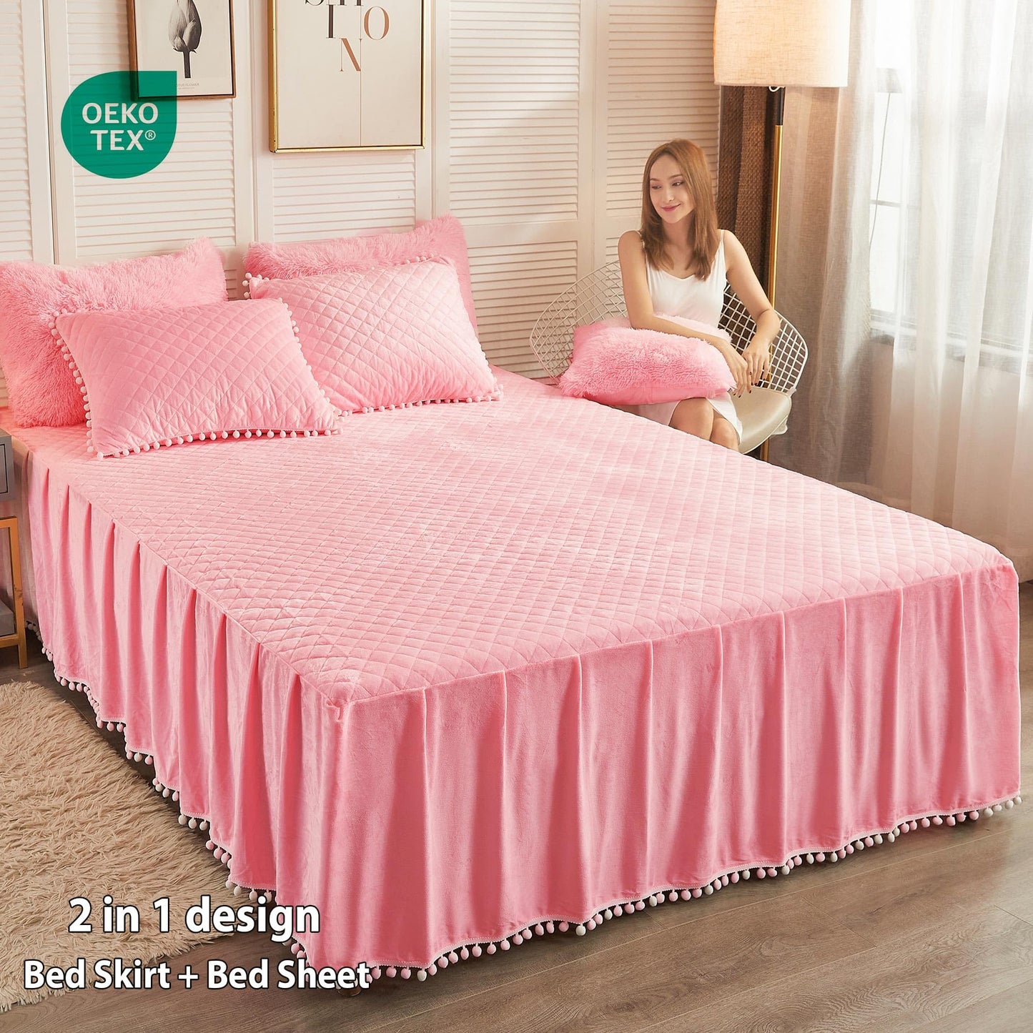 LIFEREVO Luxury Pom Poms Velvet Bed Skirt, Velvet Wrap Around Bed Skirt, Diamond Quilted Fitted Bed Sheet with Bedskirt, 18 Inch Drop Dust Ruffle Decorative Bedspread Pompoms Fringe(Full/Queen, Pink)