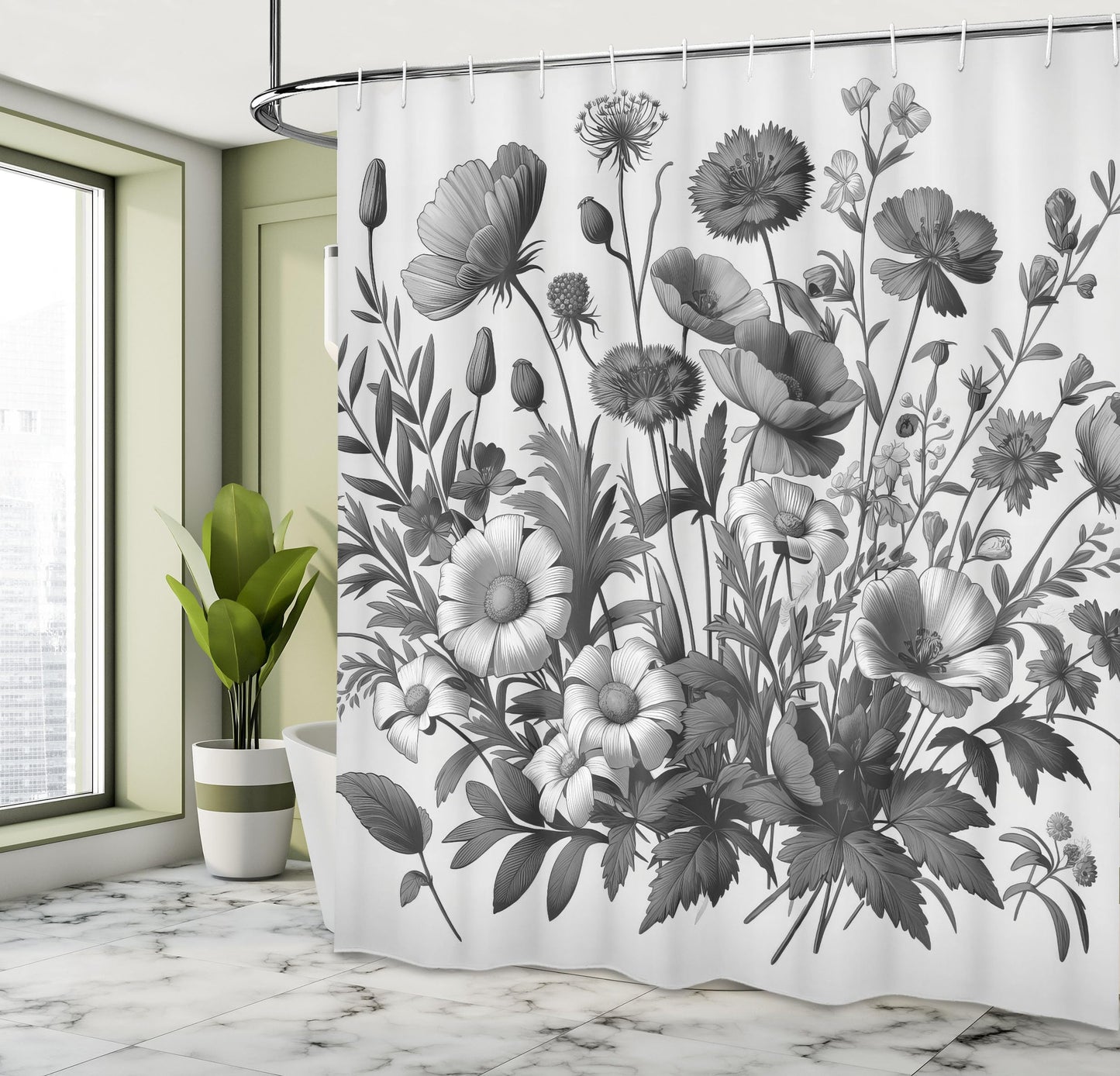 Ambesonne Grey Shower Curtain, Farmhouse Botany Scene with Muted Tones Drawn Wildfloral and Grayscale Leaves, Cloth Fabric Bathroom Decor Set with Hooks, 69" W x 70" L, Dark Eggshell Pearl
