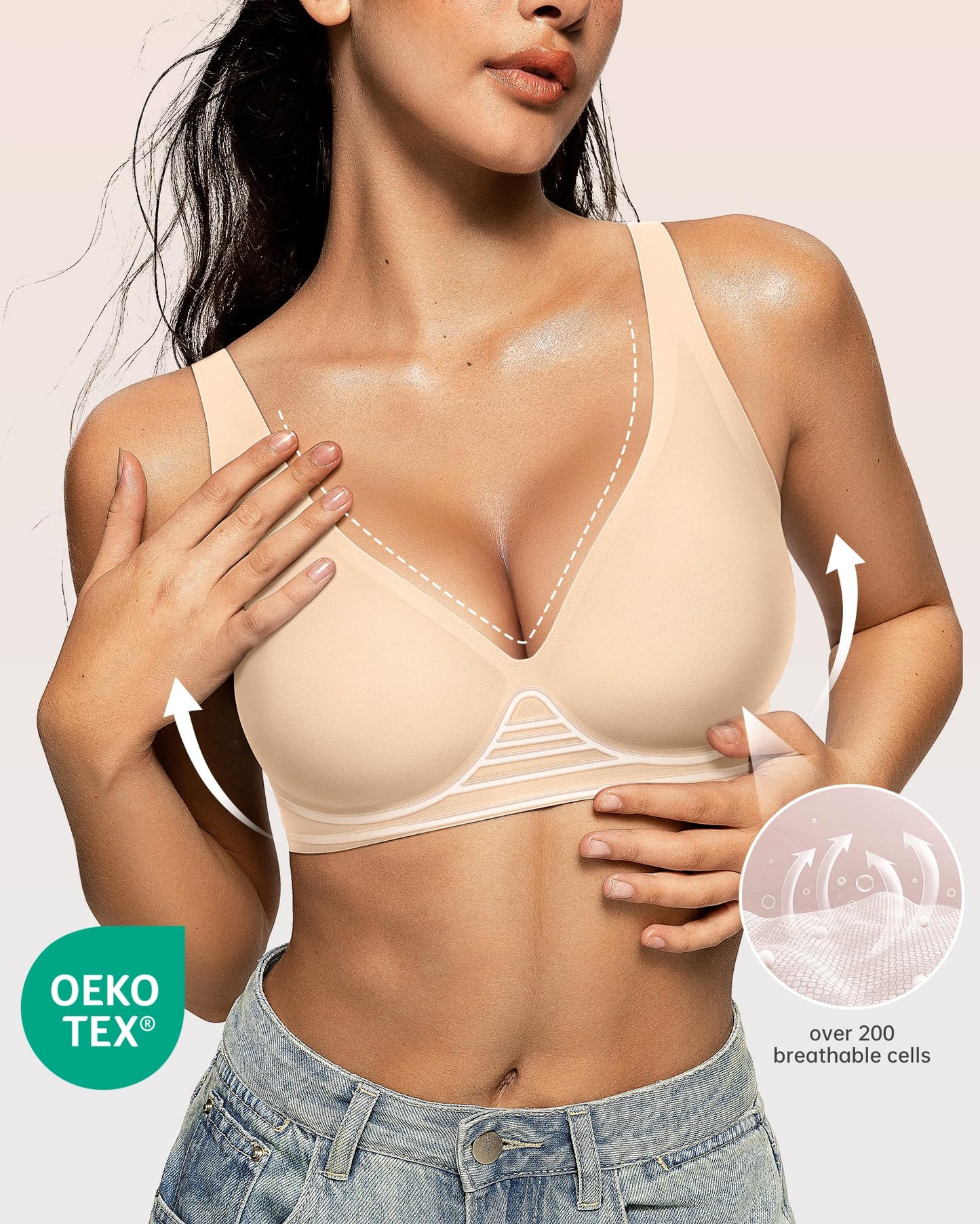 OEAK Womens Deep V Bras Wireless Comfortable Bra Supportive No Underwire Bras Tshirt Push Up Bralettes Plunge Seamless Bra Beige XS