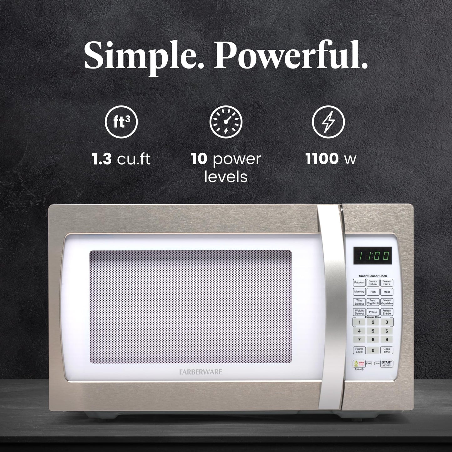 Farberware Countertop Microwave 1100 Watts, 1.3 cu ft - Smart Sensor Microwave Oven With LED Lighting and Child Lock - Perfect for Apartments and Dorms - Easy Clean Retro White, Platinum