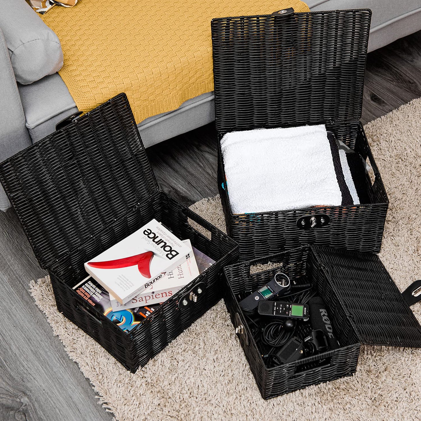 Homepeaz Set of 3 Woven Storage Basket Box Wicker Hamper Stackable Bin with Lid & Lock, Built-in Carry Handles, Organizer for Nursery, Baby Closet, Diaper, Toys, Home, Office, Laundry, DVD (Black)