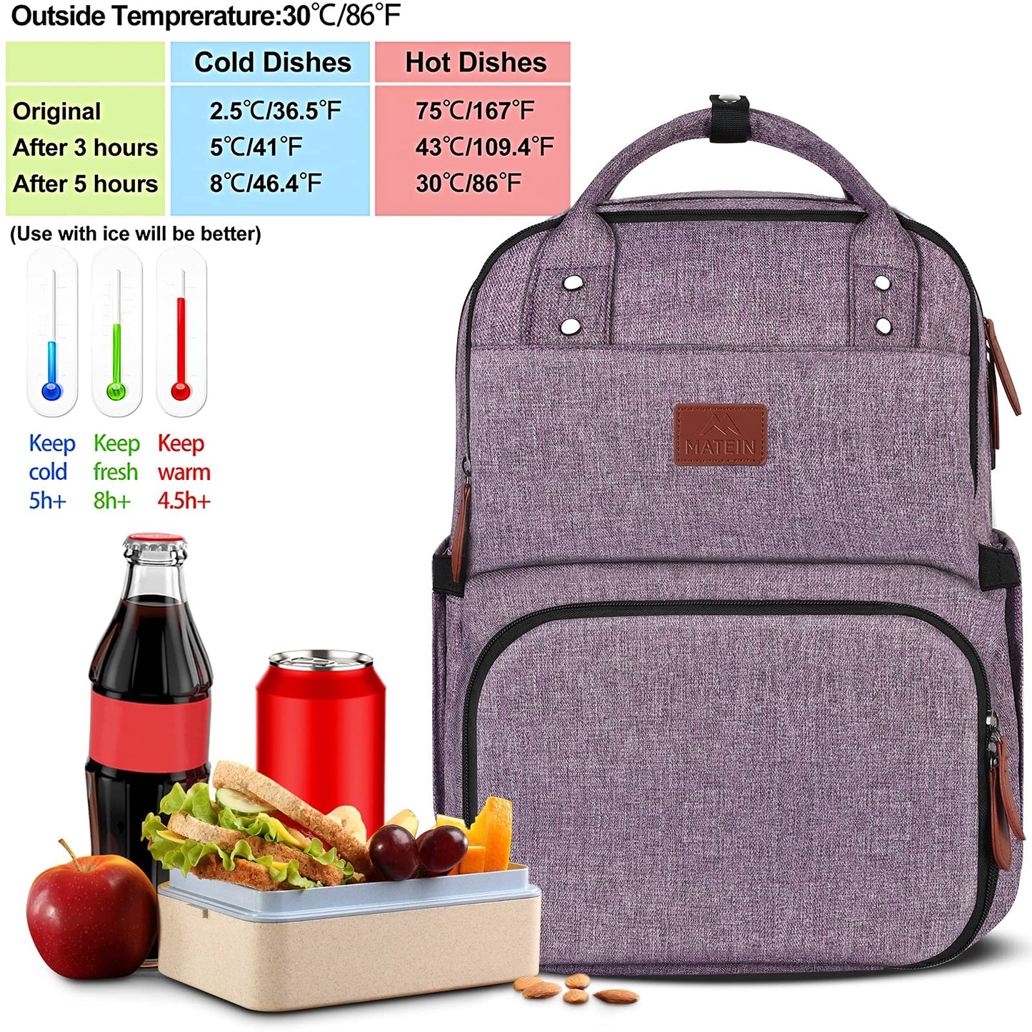 MATEIN Laptop Backpack with Lunch Box, Insulated Women Backpacks with Cooler Compartment, 15.6 inch Water Resistent Tote Food Bag with USB Charging Port for College Beach Camping Picnics Hiking