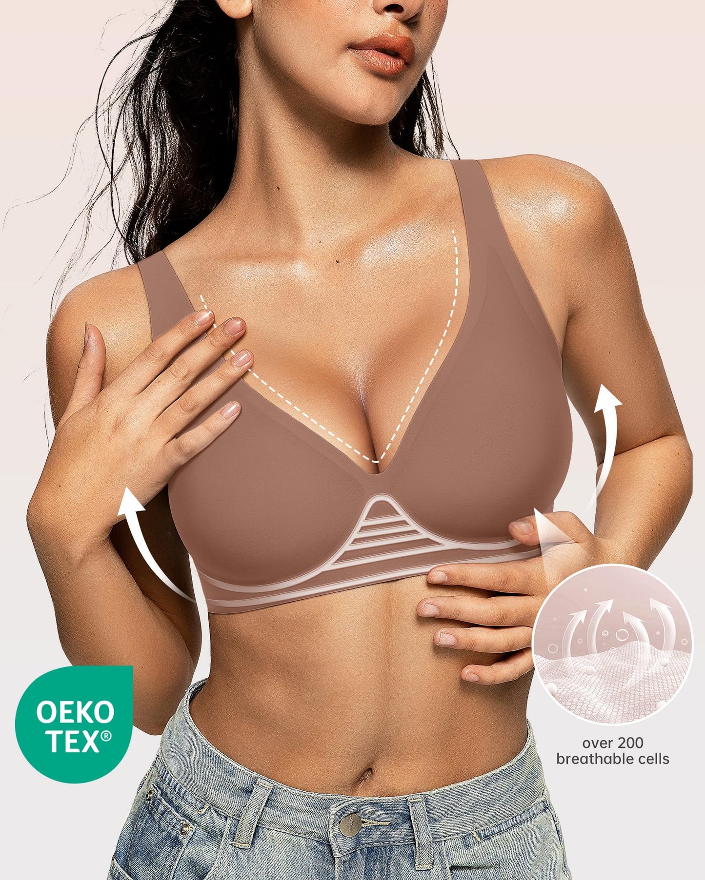 OEAK Womens Deep V Bras Wireless Comfortable Bra Supportive No Underwire Bras Tshirt Push Up Bralettes Plunge Seamless Bra Coffee X-Large