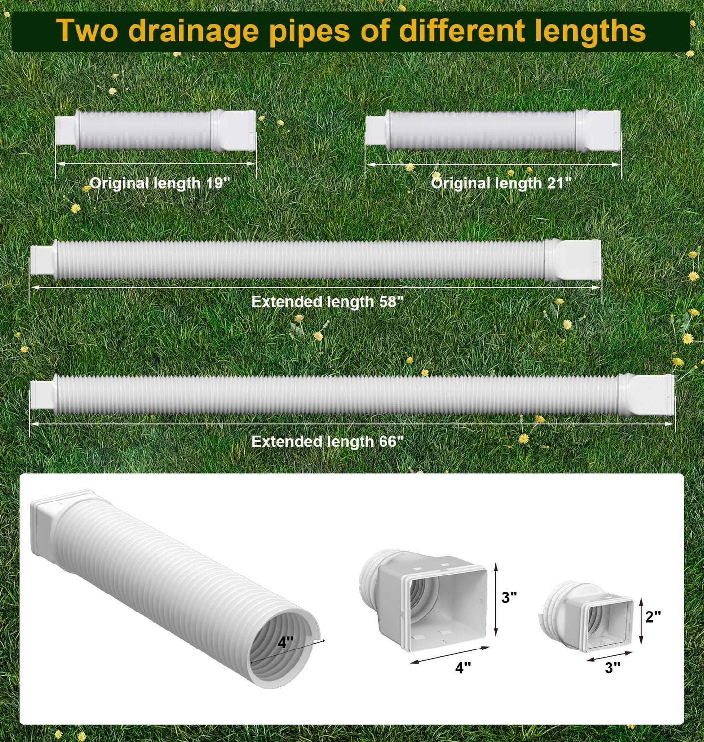 Ogutter Rain Gutter Downspout Extensions, Downspout Extender for Rainwater Drainage Flexible, Extendable 58"+66" Down Spout Drain Extension Pipes (2 Pack, White)