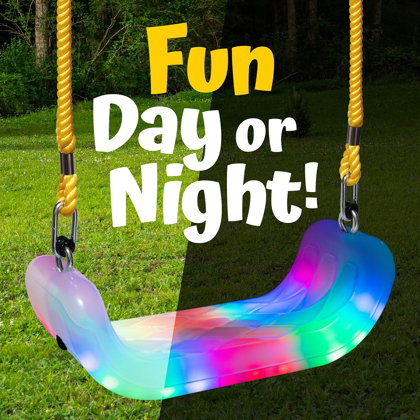 Firefly LED Light Up Swing Seat with Adjustable Rope and Chain. 24 Lights Illuminate in Day or Night. Outdoor/Indoor Use. 150lb User Capacity. 15" W x 6" Deep x 5" H, by XDP Recreation a USA Company