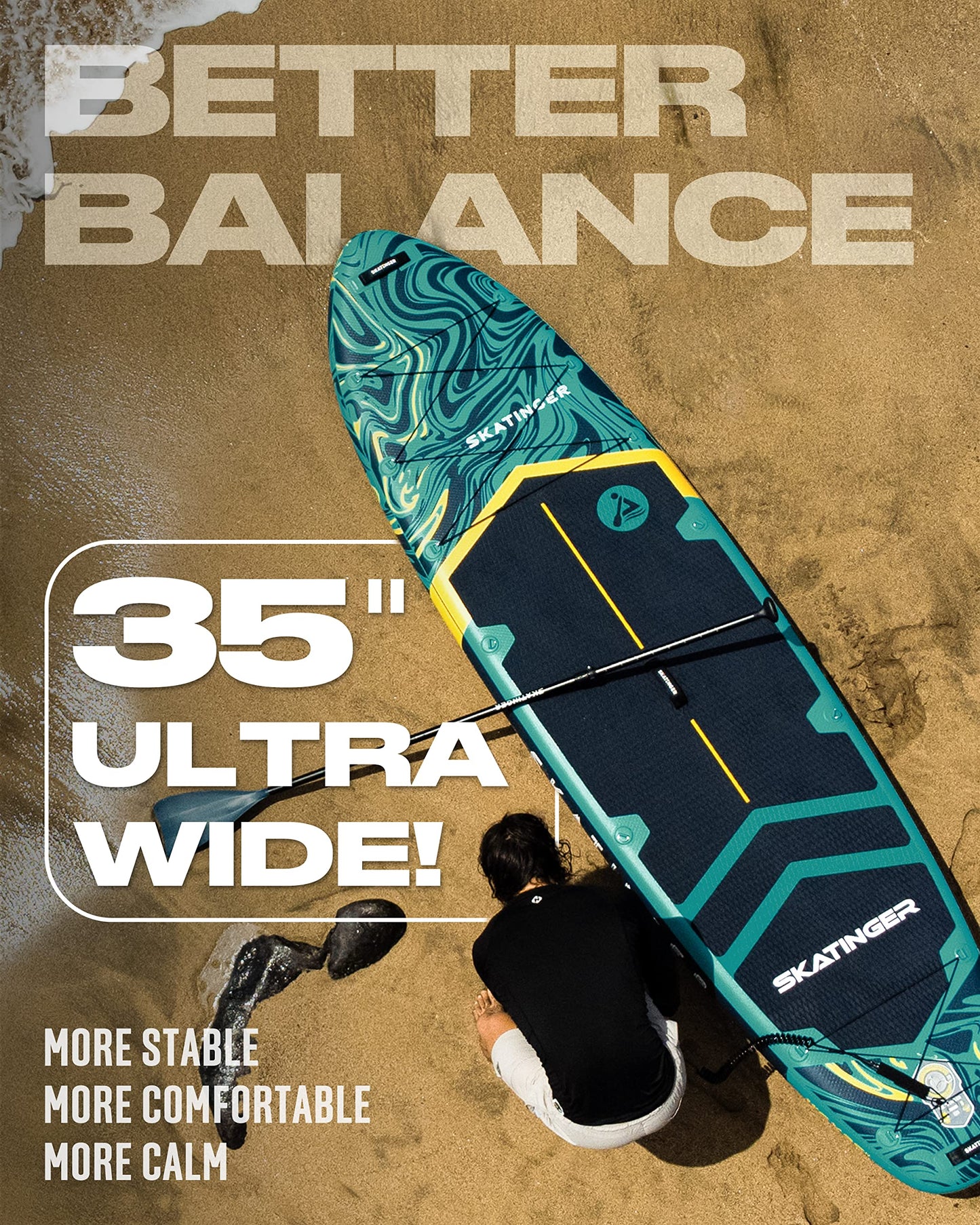 Skatinger 11'6×35" Super Wide Inflatable Paddle Board, Ultra Stable Stand Up Paddleboards for 450lb/3 People/Family/Big Size w/Shoulder Strap, 100L Backpack, All-Round Sup Board, US Fin