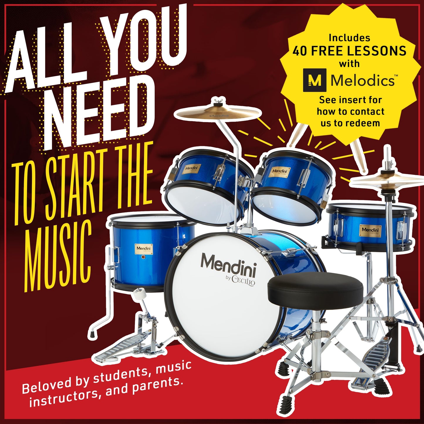 Mendini by Cecilio Kids Drum Set, 5 Piece 16 Inch Junior Drums Kit with Bass, Toms, Snare Drum, Cymbal, Hi-Hat, Drumsticks & Seat for Beginner Student (Metallic Blue)