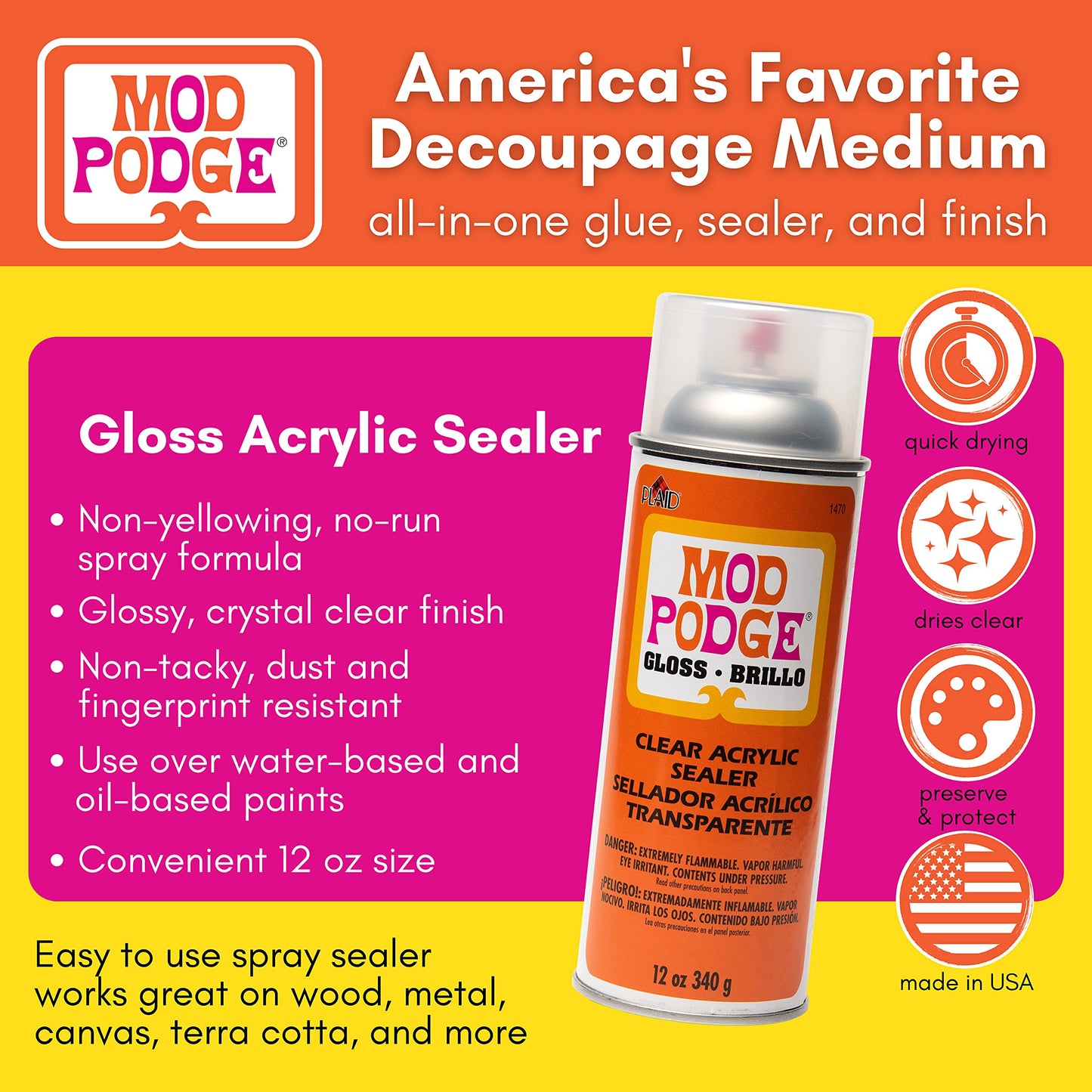 Mod Podge Spray Acrylic Sealer that is Specifically Formulated to Seal Craft Projects, Dries Crystal Clear is Non-Yellowing No-Run and Quick Drying, 12 ounce, Gloss