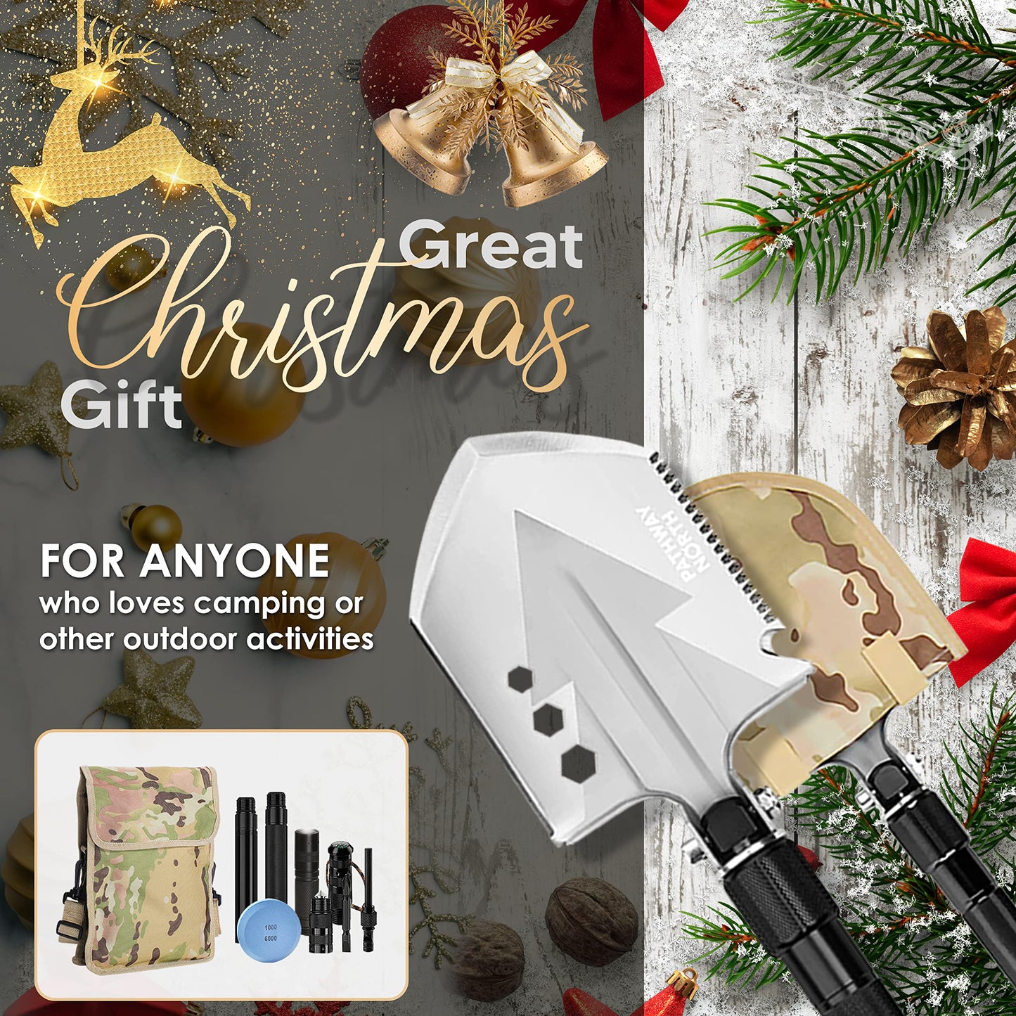 Pathway North Survival Shovel Stainless Steel Folding Multi-Tool Survival Flashlight – Equipment for Outdoor With Self Defense Hiking Stick Hunting Emergency Survival Kit For Backpacking, Camping Gear