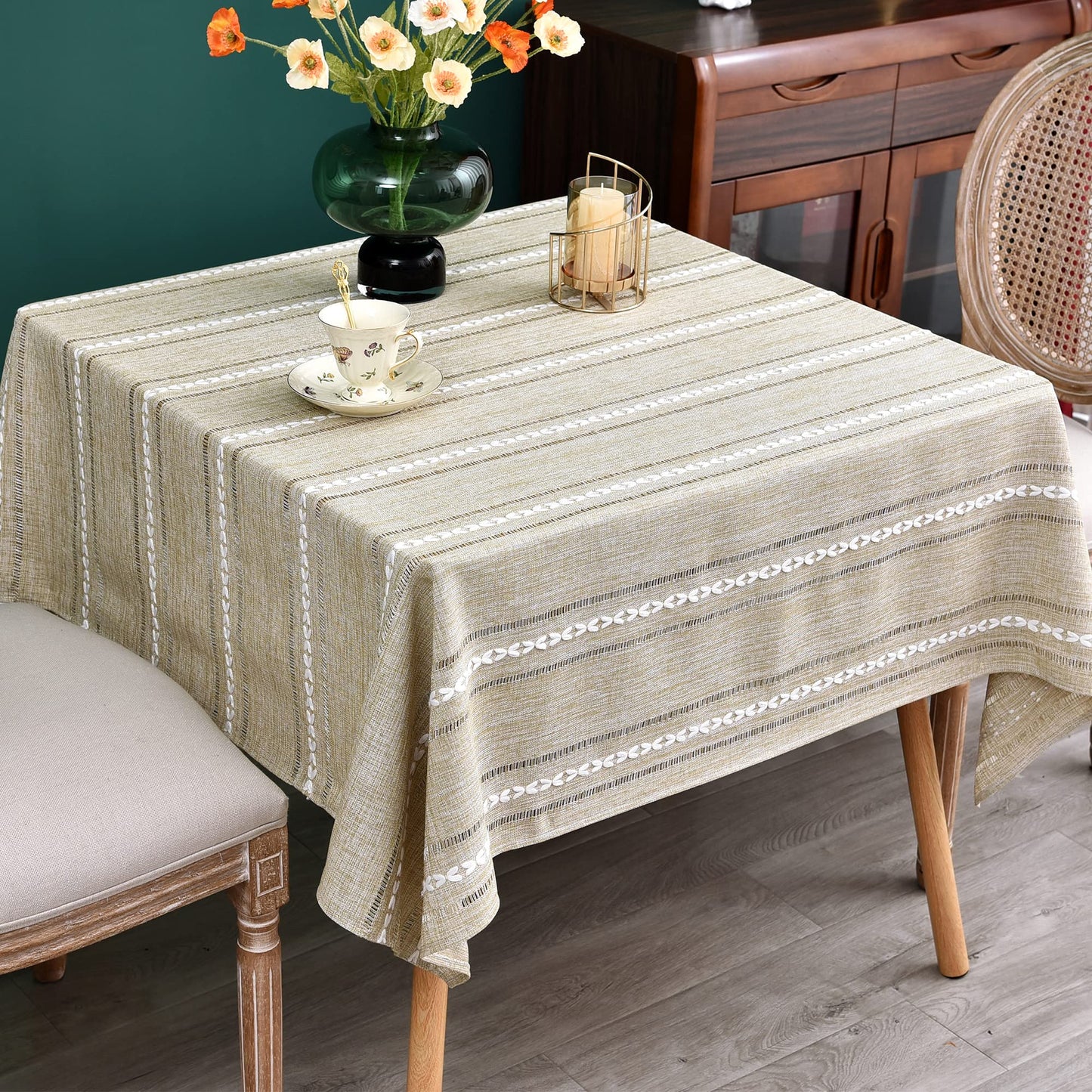 NEWISHER Rustic Farmhouse Embroidered Square Tablecloth Jacquard Striped Table Cloth Linen Washable Dining Table Cover Kitchen Dining Home Decoration Yellow 70x70 inch