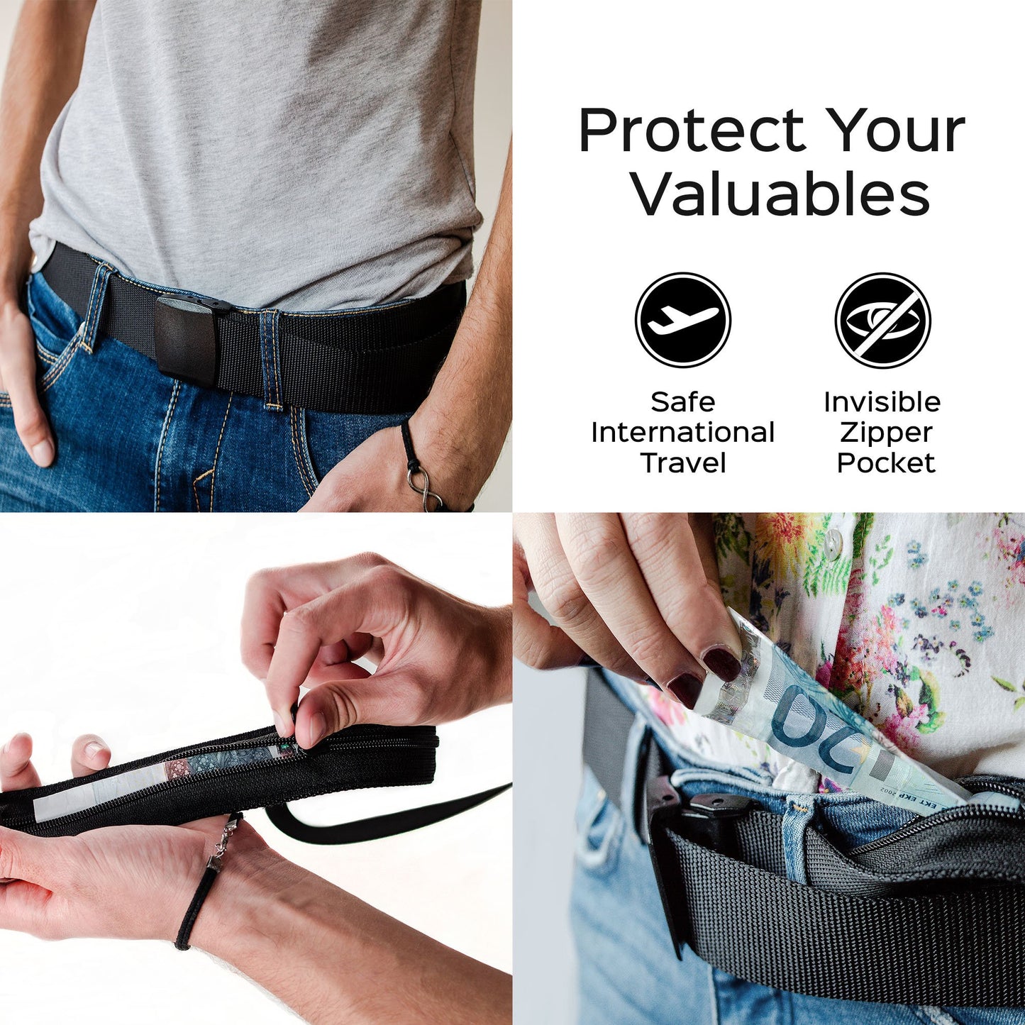 Money Belt for Men Travel Security Belt with Hidden Money Compartment Pocket, Cashsafe Anti-Theft Wallet Non-Metal Buckle