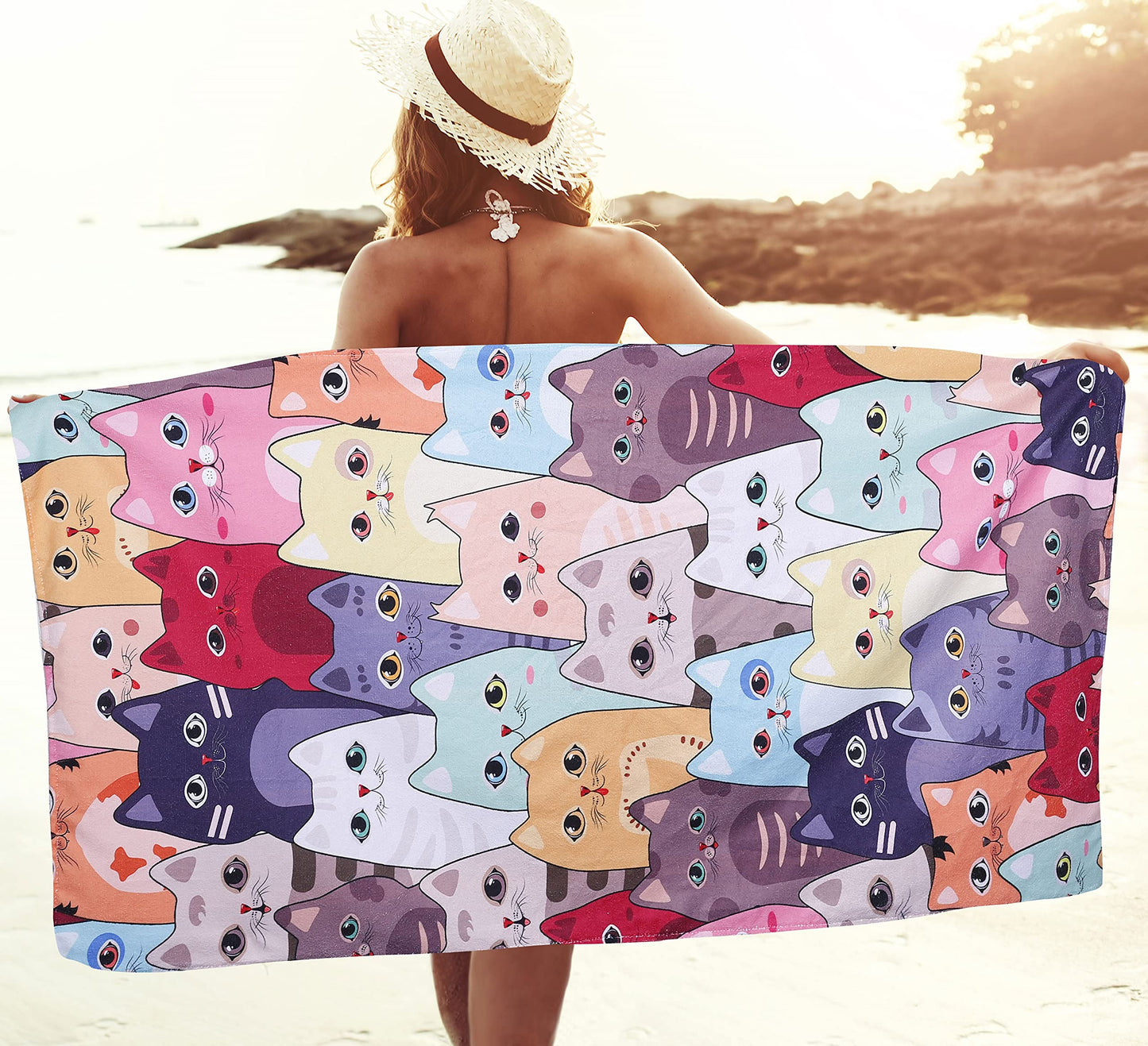 LIVILAN Large Kitten Cat Beach Towel, 30" X 60" Soft Microfiber, Absorbent, Quick Dry, Sand Free, Light, Multiuse for Bath, Pool, Swim, Cute Cat Gifts