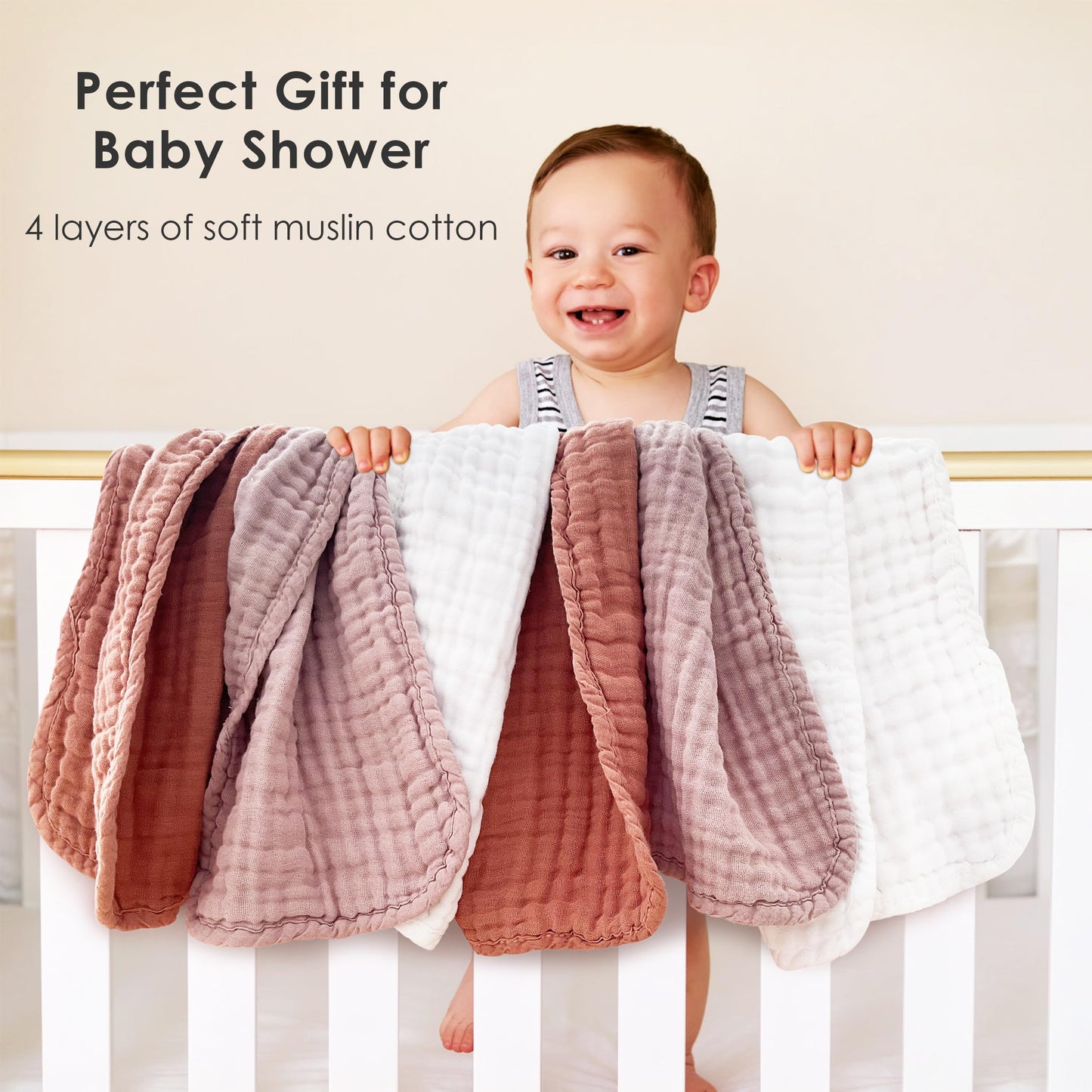 Muslin Burp Cloths for Baby 100% Cotton Burping Cloths for Unisex, Boy, Girl - Large 20'' by 10'' Newborn Essentials Ultra Soft Absorbent Milk Spit Up Rags - 12 Pack - White+Light Bean Paste Series