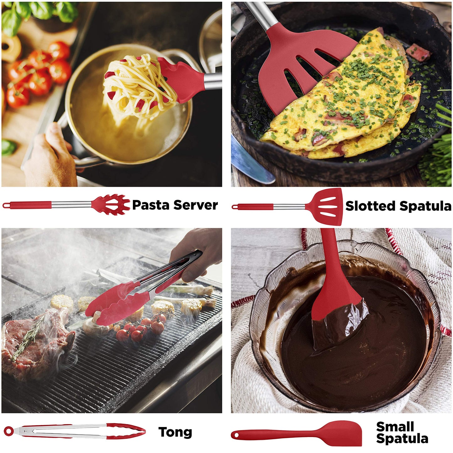 ORBLUE Silicone Cooking Utensil Set, 14-Piece Kitchen Utensils with Holder, Safe Food-Grade Silicone Heads and Stainless Steel Handles with Heat-Proof Silicone Handle Covers, Red