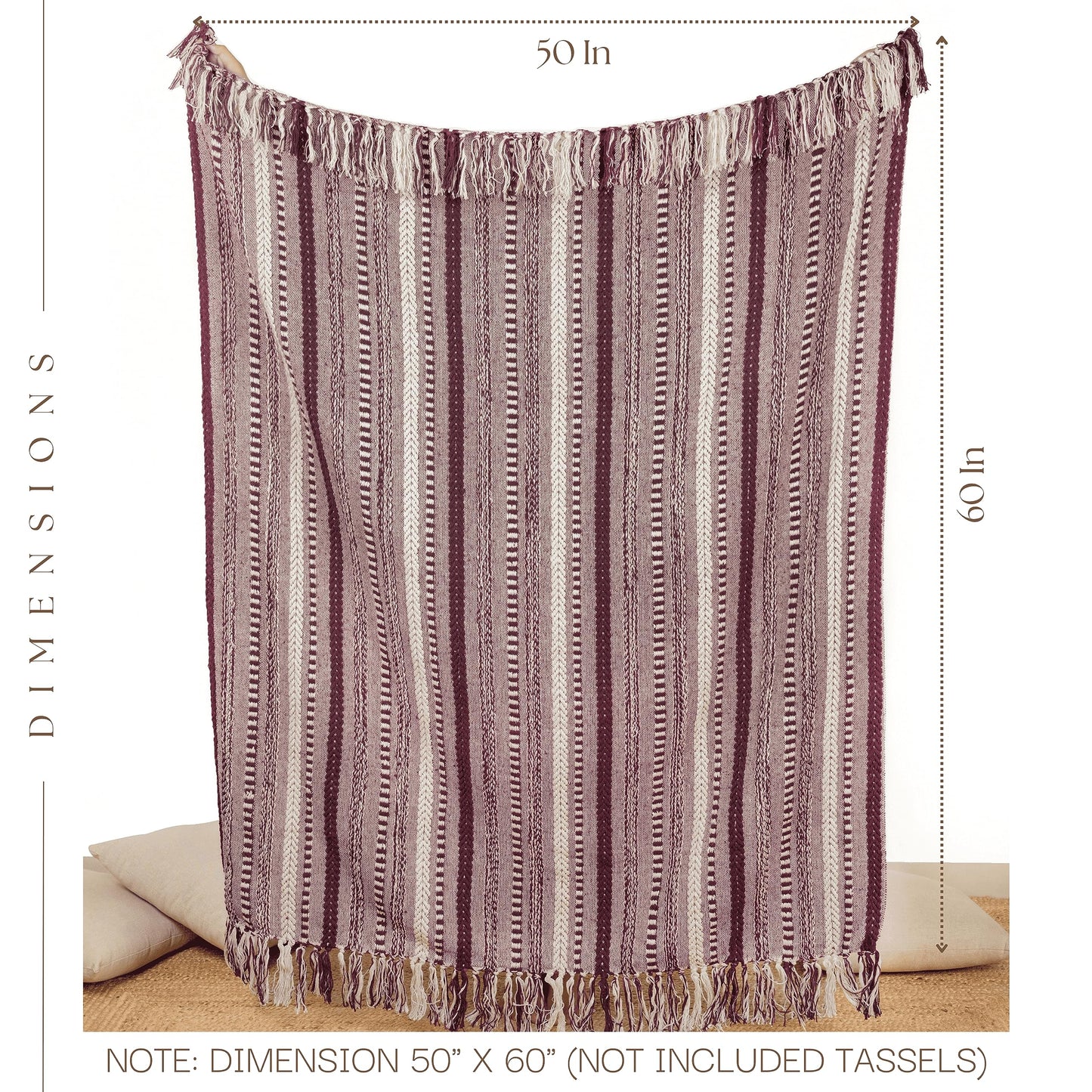 RAJRANG Cotton Braided Striped Throw Blanket with Boho Tassels - 50x60 inches Soft Farmhouse Woven Knitted Blankets - Pomegranate