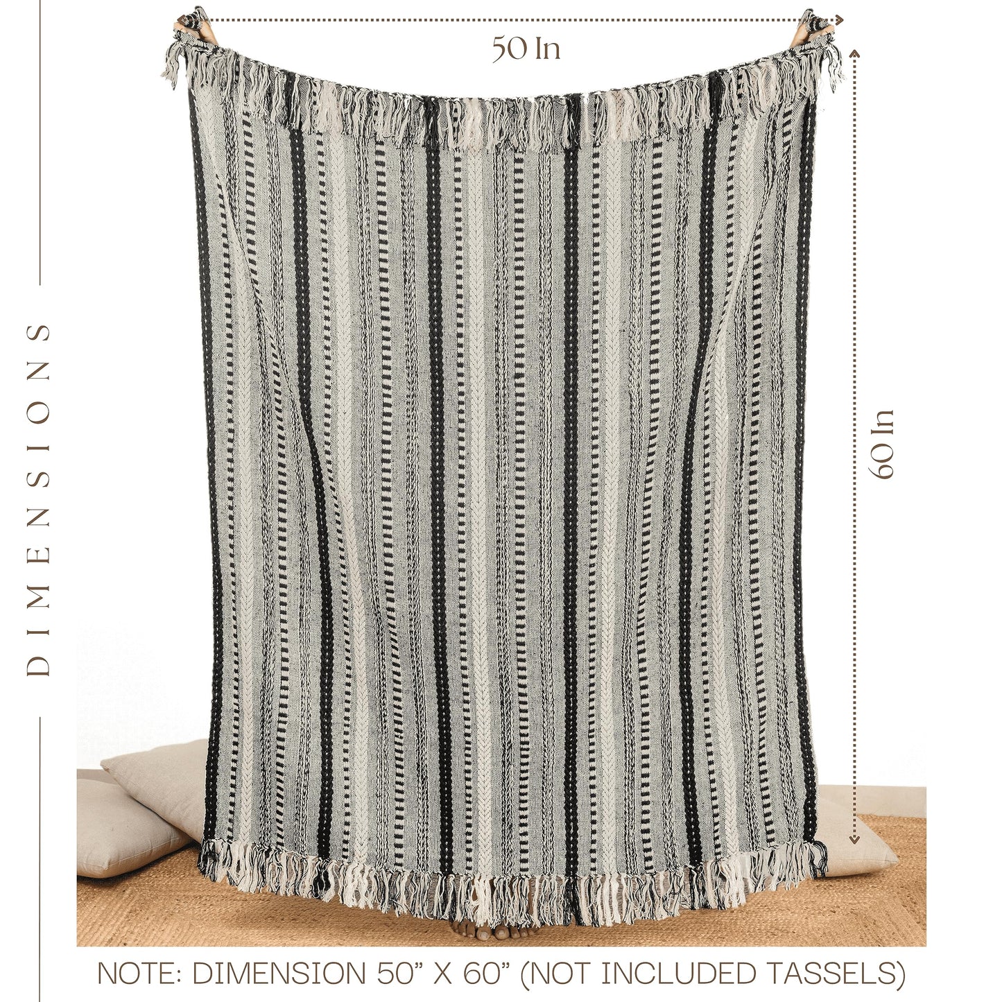 RAJRANG Boho Throw Blanket with Braided Striped - 50x60 Inches Luxury Woven Throws for Outdoor Indoor Sofa Chair Couch Home Decor - Black