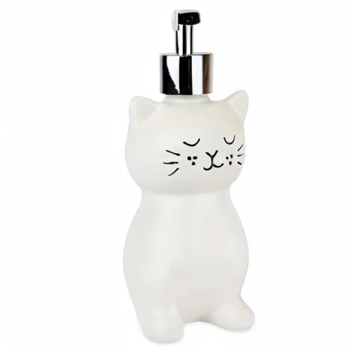 Isaac Jacobs White Ceramic Cat, Liquid Soap Pump/Lotion Dispenser with Chrome Metal Pump (Holds Up to 12 Oz) – Great for Bathroom, Kitchen Countertop, Bath Accessory (Cat)