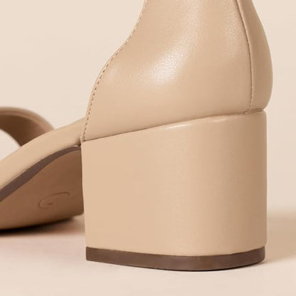 Amazon Essentials Women's Two Strap Heeled Sandal, Beige Faux Leather, 5
