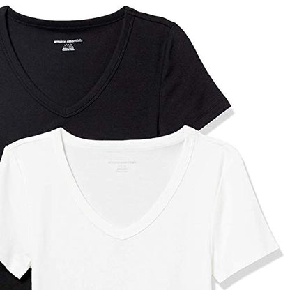 Amazon Essentials Women's Slim-Fit Short-Sleeve V-Neck T-Shirt, Pack of 2, Black/White, Medium
