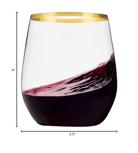 Munfix Plastic Stemless Wine Glasses with Gold Rim, Disposable Clear Plastic Cups 12 Oz - 24 Pack - Shatterproof Recyclable and BPA-Free
