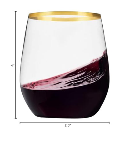 Munfix Plastic Stemless Wine Glasses with Gold Rim, Disposable Clear Plastic Cups 12 Oz - 24 Pack - Shatterproof Recyclable and BPA-Free