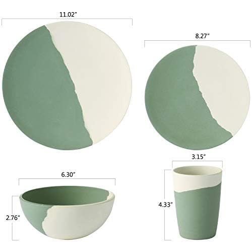 MORGIANA 8 pcs Bamboo Dinnerware Set Reusable Plates Bowls Sets, Camping Picnic Dishes Tableware Set for 2 (Green & White)