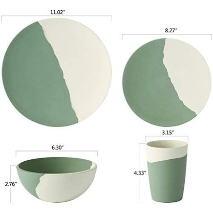 MORGIANA 8 pcs Bamboo Dinnerware Set Reusable Plates Bowls Sets, Camping Picnic Dishes Tableware Set for 2 (Green & White)