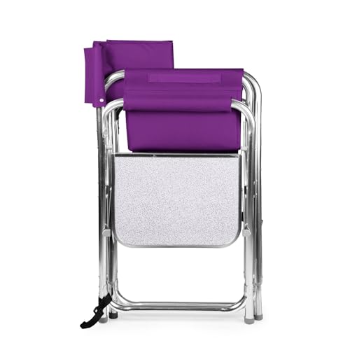 PICNIC TIME Sports Chair with Side Table, Outdoor Foldable Padded Adult Camping Chairs with Cup and Accessory Panel for Lawn, Beach, & Sports Use for Adults, up to 300-lbs Capacity, (Purple)