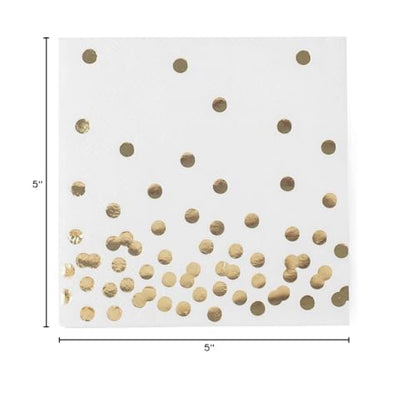 80 Pack of White Paper Cocktail Napkins with Gold Foil Polka Dot Confetti，Polka Dot Party Supplies(5 x 5 in，3-ply) (gold)
