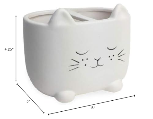 Isaac Jacobs White Ceramic Cat Makeup Brush Holder, Multi-Purpose 2-Section Organizer. Bathroom, Kitchen, Bedroom, Office Décor (2-Section Cup, Pastel White)