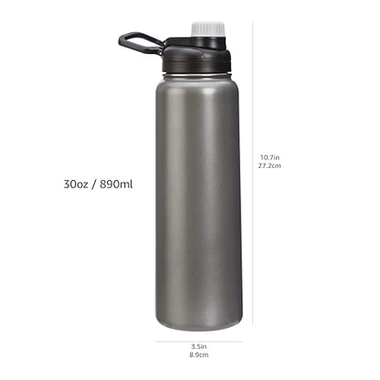 Amazon Basics Large Stainless Steel Insulated Water Bottle, Spout Lid, 30.1 ounces, Gray