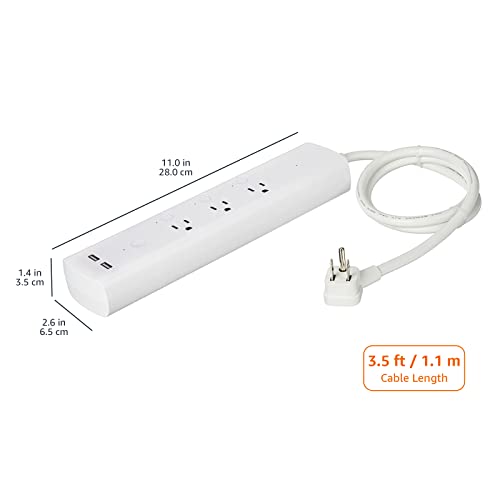 Amazon Basics Smart Plug Power Strip with 3 Individually Controlled Outlets and 2 USB-A Ports, Works with Alexa Only, 2.4 GHz Wi-Fi, No Hub Required, White